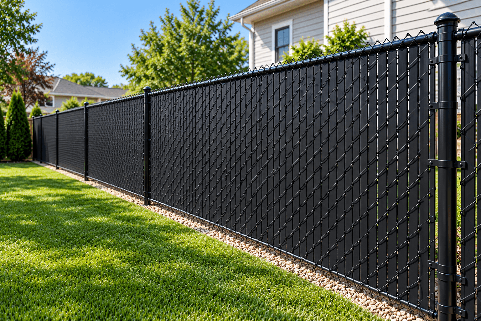 Chain link fence fitted with dark privacy slats