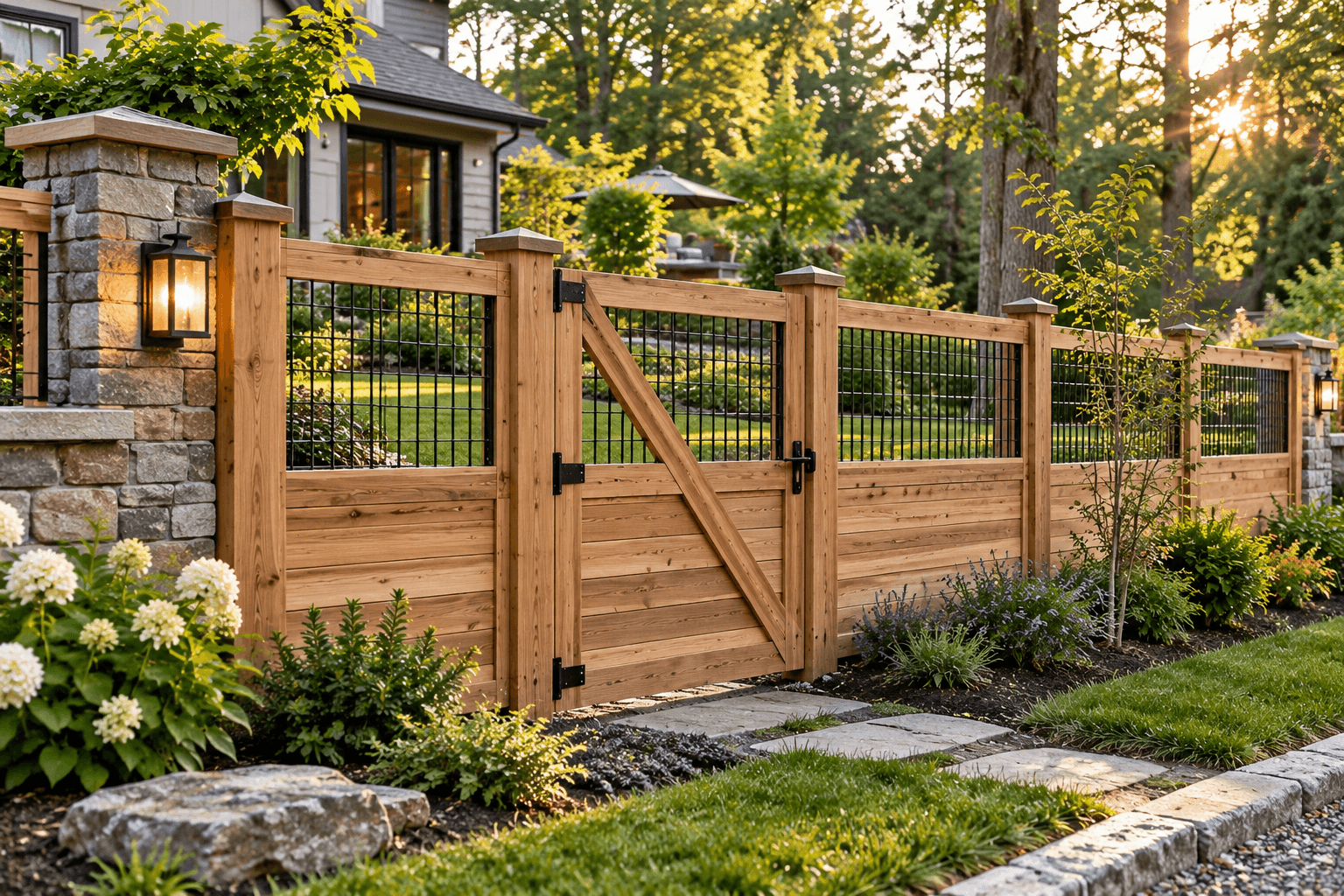 Custom wood fence and gate with decorative detailing