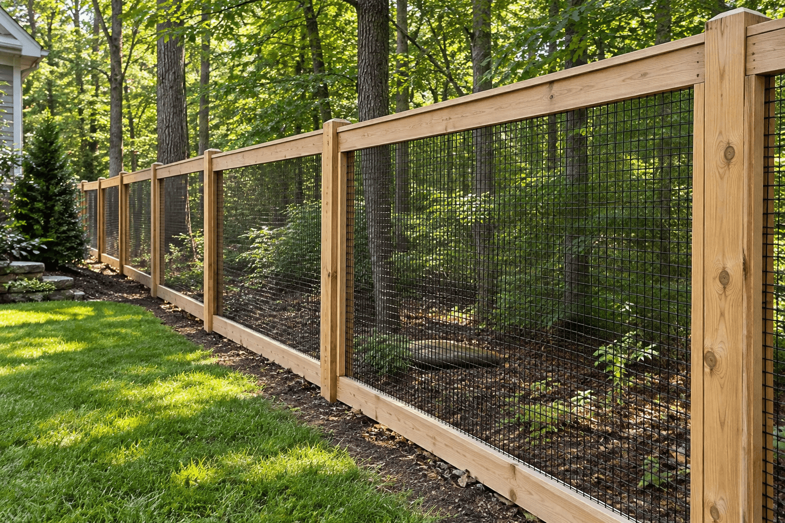 Tall wire deer fence supported by wooden posts