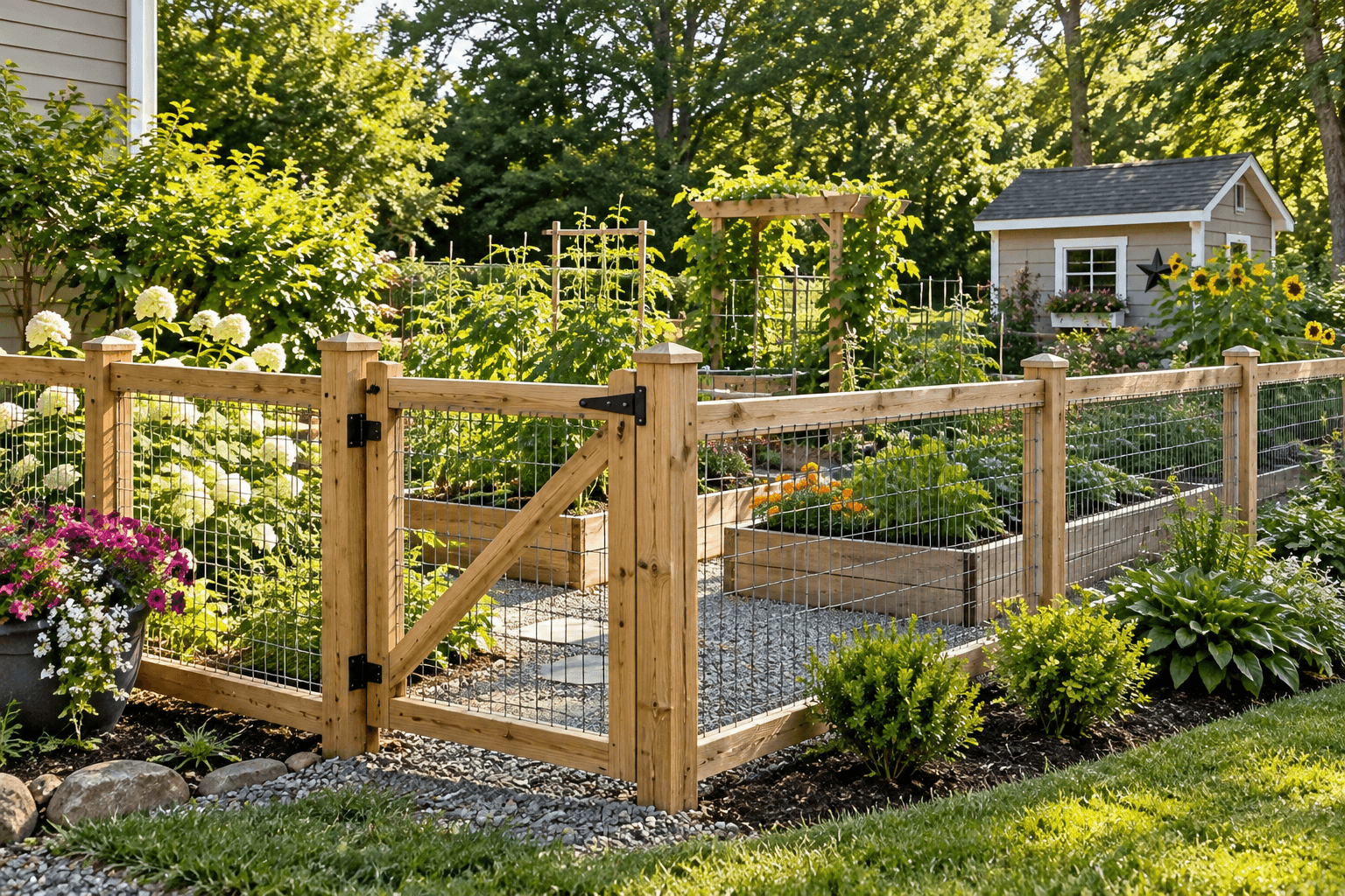 Wood and wire garden fence beside flowers