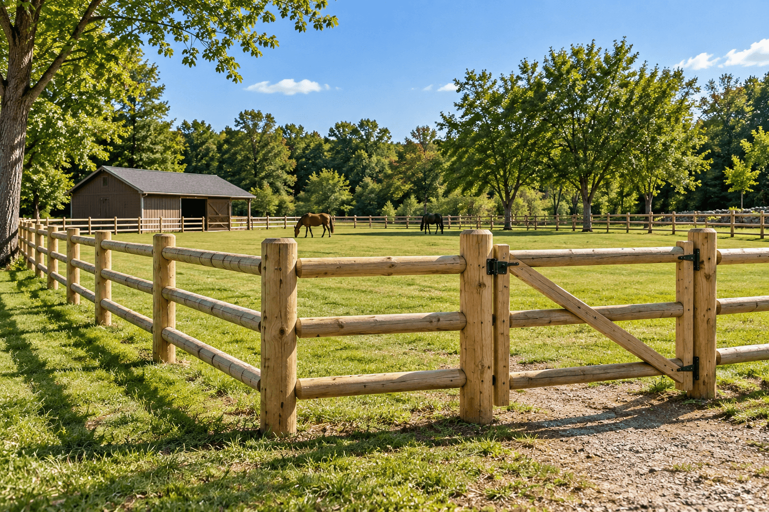 Rustic wooden post and rail fence around an open lawn
